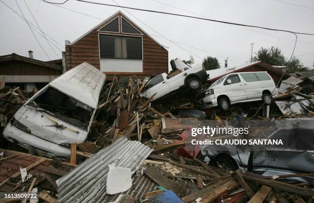 Picture taken on March 1, 2010 showing the massive destruction caused by a tsunami in the Chilean city of Dichato, some 30 km from Concepcion, three...