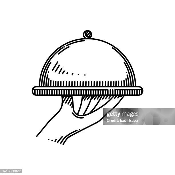 restaurant service line icon, sketch design, pixel perfect, editable stroke. logo, sign, symbol. - serving tray drawing stock illustrations