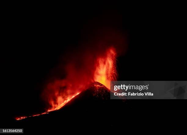 General view as lava erupts from Mount Etna on August 14, 2023 in Catania, Italy. Mount Etna is the most active volcano in Europe and routinely spews...
