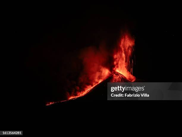 General view as lava erupts from Mount Etna on August 14, 2023 in Catania, Italy. Mount Etna is the most active volcano in Europe and routinely spews...