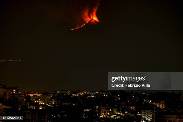 General view as lava erupts from Mount Etna on August 14, 2023 in Catania, Italy. Mount Etna is the most active volcano in Europe and routinely spews...