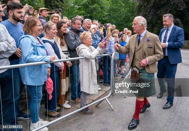 King Charles III meets members of the public after the inspection of Balaklava Company, 5th Battalion, The Royal Regiment of Scotland, at the gates...