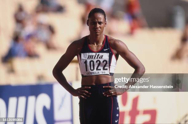 American athlete Marion Jones during the women's 200 metres event of the 1999 IAAF World Championships, held at the Estadio Olímpico in Seville,...