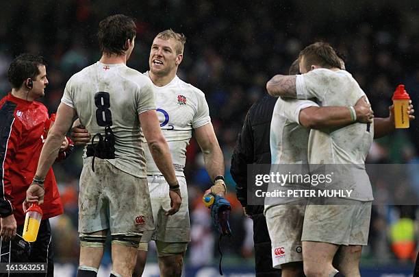 England's no 8 Tom Wood and England's flanker James Haskell celebrate after winning the Six Nations international rugby union match between Ireland...