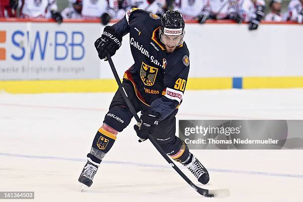 Constatin Braun of Germany in action during the Olympic Icehockey Qualifier match between Germany and Austria on February 10, 2013 in...