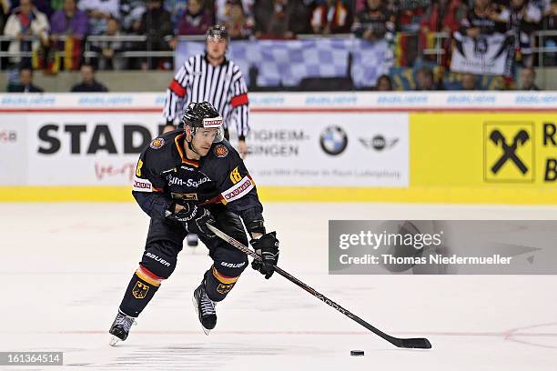 Kai Hospel of Germany in action during the Olympic Icehockey Qualifier match between Germany and Austria on February 10, 2013 in...