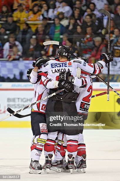 Andre Lakos of Austria celebrates his goal during the Olympic Icehockey Qualifier match between Germany and Austria on February 10, 2013 in...