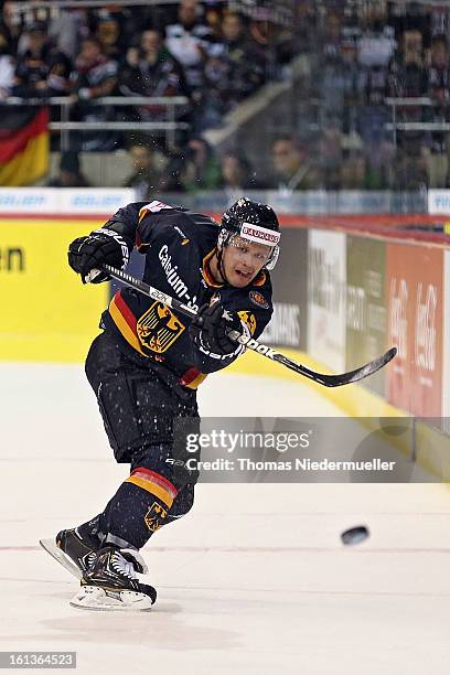 Felix Petermann of Germany in action during the Olympic Icehockey Qualifier match between Germany and Austria on February 10, 2013 in...