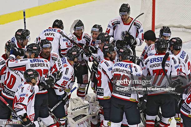 The team of Austria celebrates after the Olympic Icehockey Qualifier match between Germany and Austria on February 10, 2013 in Bietigheim-Bissingen,...