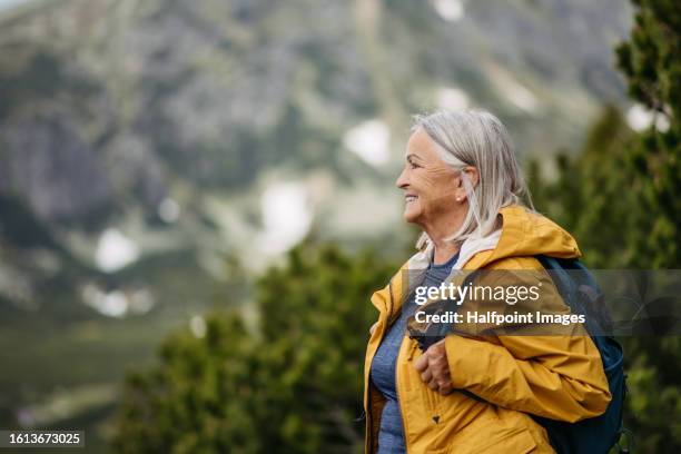 portrait of beautiful senior woman hiking with husband in autumn mountains. - gelenkrheumatismus stock-fotos und bilder