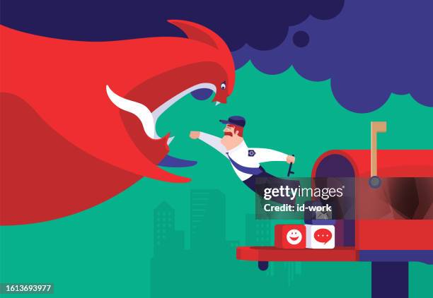 security guard jumping out from mailbox and punching devil - security guards stock illustrations
