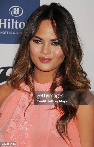 Model Chrissy Teigen arrives at the The 55th Annual GRAMMY Awards - Pre-GRAMMY Gala And Salute To Industry Icons Honoring L.A. Reid at the Beverly...