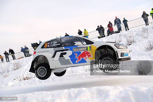 Sebastien Ogier of France and Julien Ingrassia of France compete in their Volkswagen Motorsport Volkswagen Polo R WRC during Day Three of the WRC...
