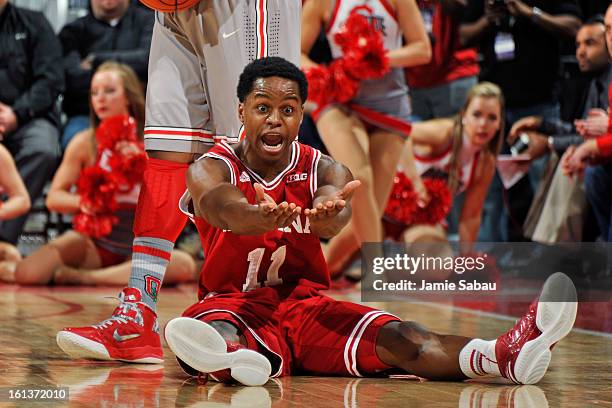 Kevin Ferrell of the Indiana Hoosiers disputes a blocking foul called on him against the Ohio State Buckeyes in the first half on February 10, 2013...