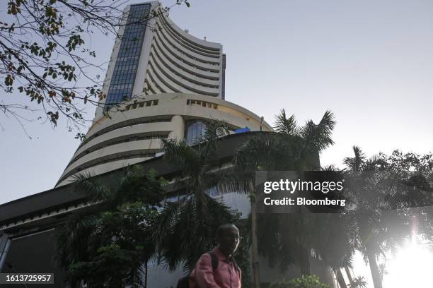 The Bombay Stock Exchange building in Mumbai, India, on Monday, Aug. 21, 2023. Shares of Jio Financial Services Ltd., a recently spun off unit of...