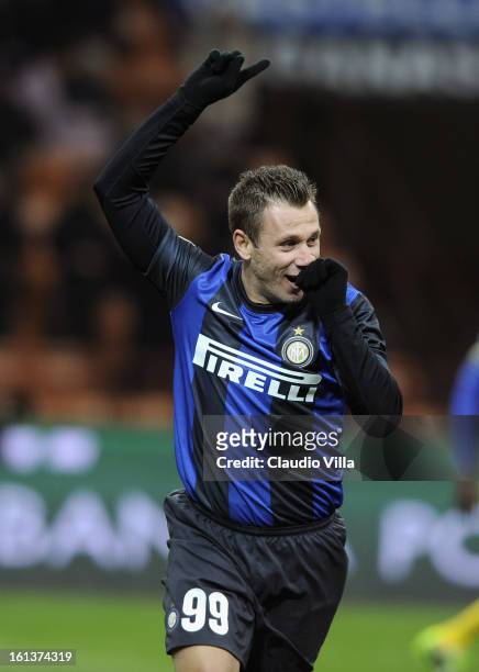 Antonio Cassano of FC Inter Milan celebrates after scoring the opening goal of the Serie A match between FC Internazionale Milano and AC Chievo...