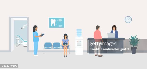 stockillustraties, clipart, cartoons en iconen met waiting room in dental office with female patient waiting appointment time. woman receptionist talking with young man at reception desk - poliklinische zorg