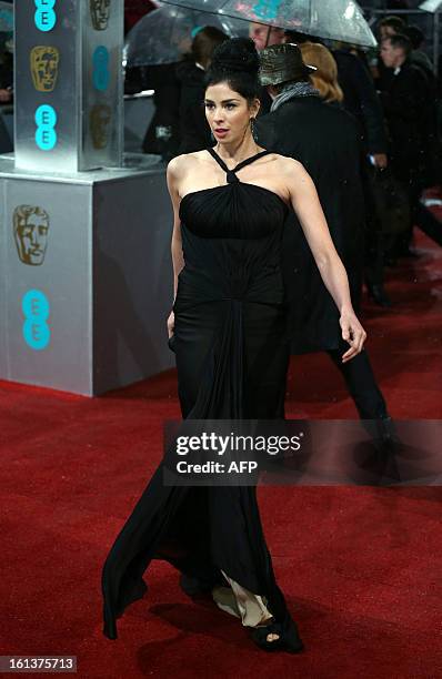 Comedian Sarah Silverman poses on the red carpet upon arrival to attend the annual BAFTA British Academy Film Awards at the Royal Opera House in...