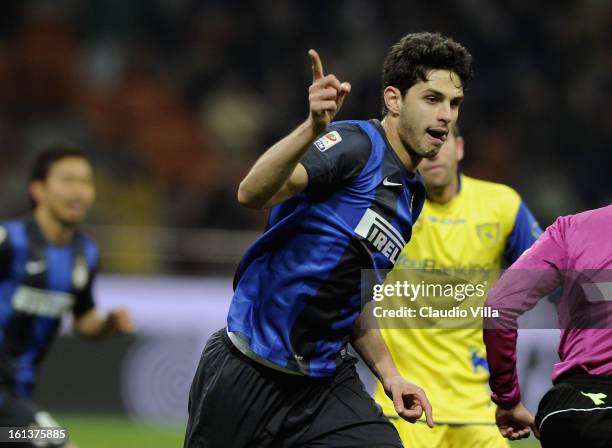 Andrea Ranocchia of FC Inter Milan celebrates after scoring his team's second goal during the Serie A match between FC Internazionale Milano and AC...