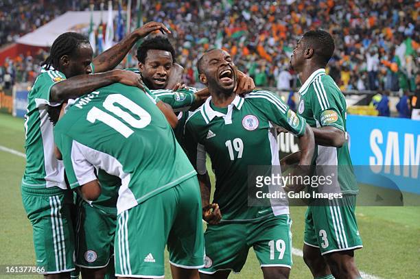 Sunday Mba of Nigeria celebrates his goal during the 2013 Orange African Cup of Nations Final match between Nigeria and Burkina Faso from the...