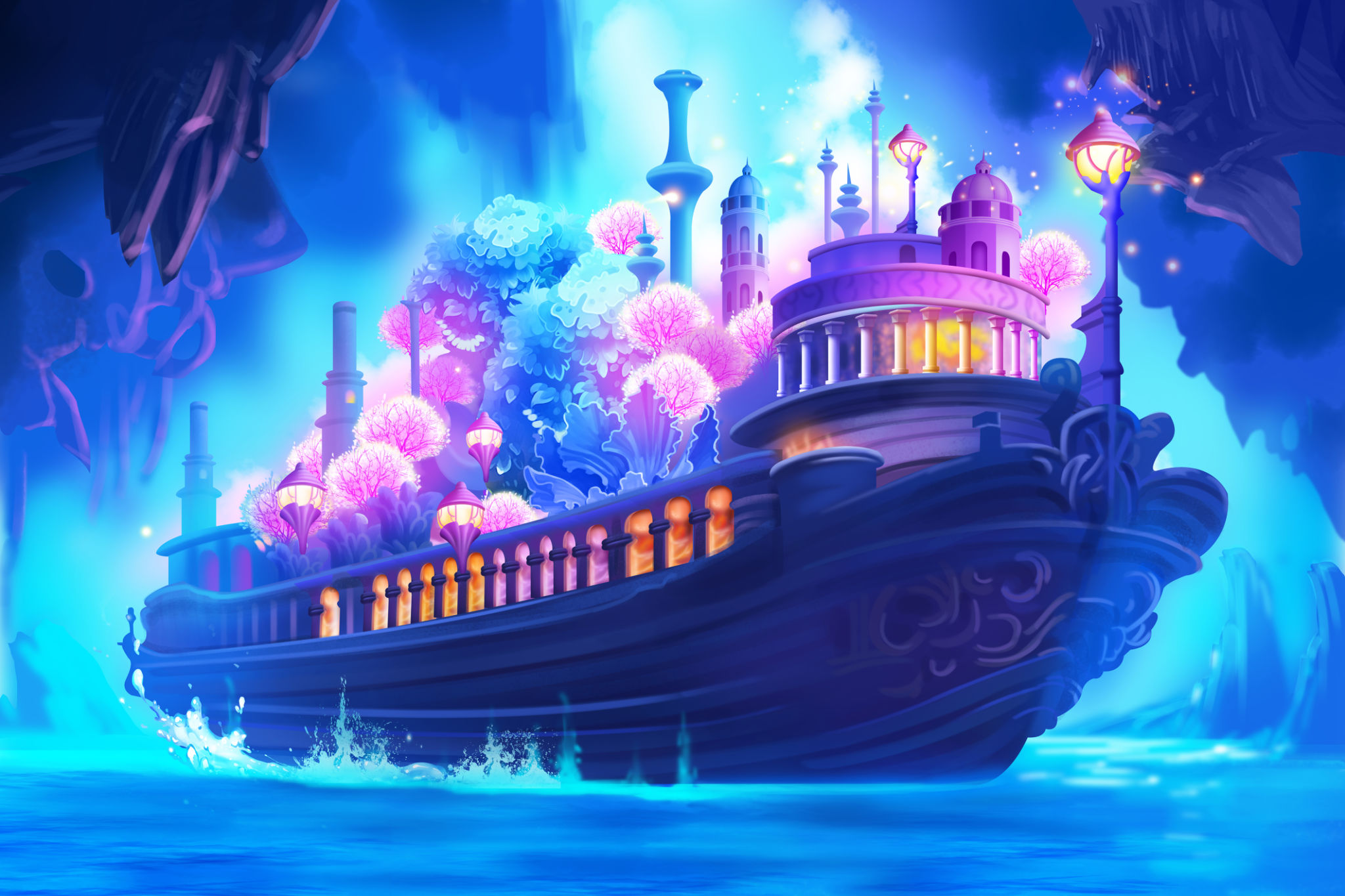Picture of cruise liner in the sea with flowers, front view. The Huge Pirate Ship in the Sea. Picture of cruise liner in the sea with flowers, front view. The Huge Pirate Ship in the Sea.