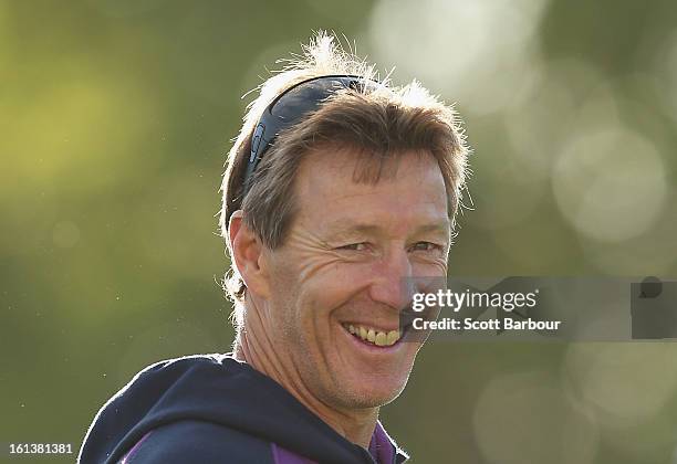 Storm coach Craig Bellamy smiles during a Melbourne Storm NRL training session at Gosch's Paddock on February 11, 2013 in Melbourne, Australia.