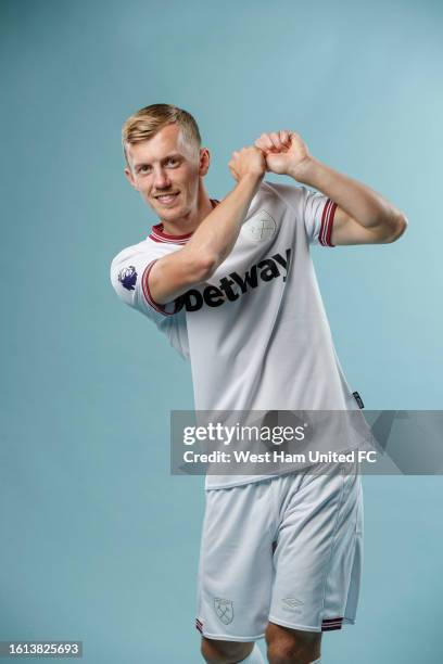 West Ham United unveil new signing James Ward-Prowse at London Stadium on August 14, 2023 in London, England.