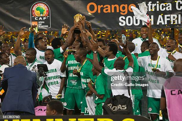 Nigeria celebrate after winning the 2013 Orange African Cup of Nations Final match between Nigeria and Burkina Faso from the National Stadium on...