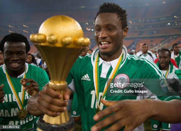 John Obi Mikel from Nigeria celebrates winning the 2013 Orange African Cup of Nations Final match between Nigeria and Burkina Faso from the National...