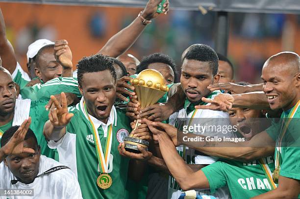 Nigeria celebrate during the 2013 Orange African Cup of Nations Final match between Nigeria and Burkina Faso from the National Stadium on Februray...