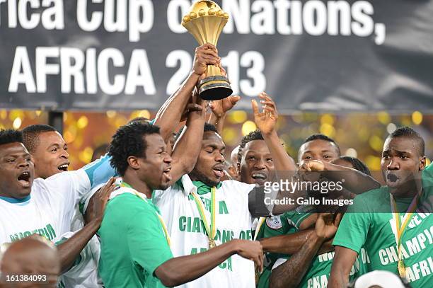 Nigeria celebrates holding the trophy during the 2013 Orange African Cup of Nations Final match between Nigeria and Burkina Faso from the National...