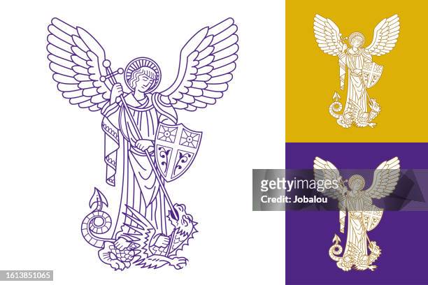 archangel michael slaying dragon - halo symbol stock illustrations