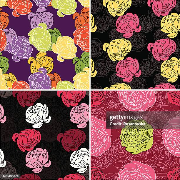 set of ranunculus pattern - pink peonies stock illustrations