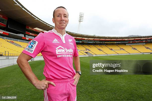 Referee Garratt Williamson poses in the 2013 New Zealand referee's strip during a media announcment at Westpac Stadium on February 11, 2013 in...