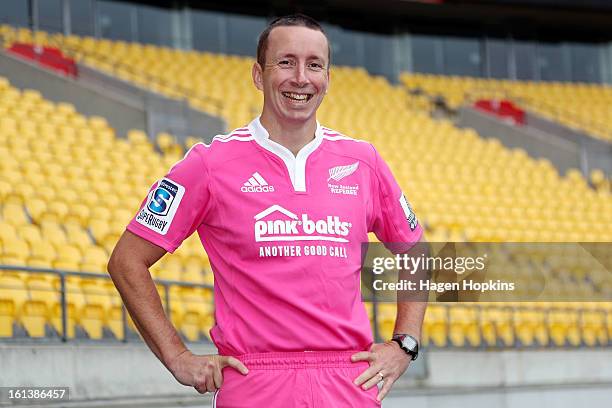 Referee Garratt Williamson poses in the 2013 New Zealand referee's strip during a media announcment at Westpac Stadium on February 11, 2013 in...