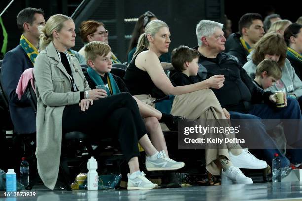 Trish Fallon and Lauren Jackson look on court side during the match between Australia Boomers and Venezuela at Rod Laver Arena on August 14, 2023 in...