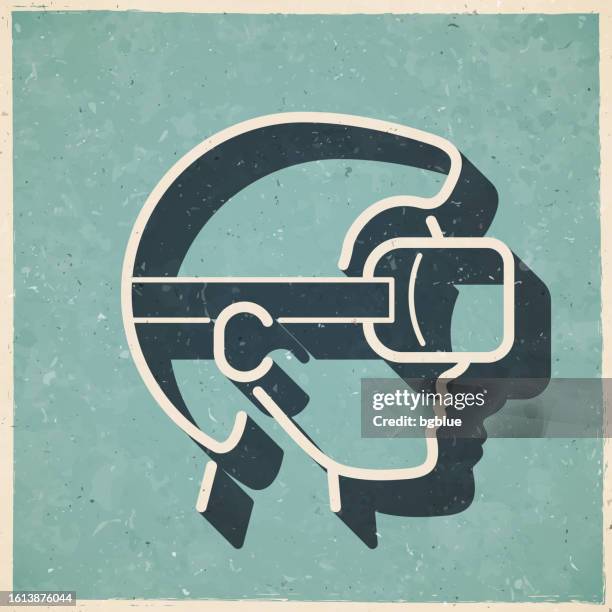 man with vr headset - virtual reality. icon in retro vintage style - old textured paper - augmented reality goggles stock illustrations