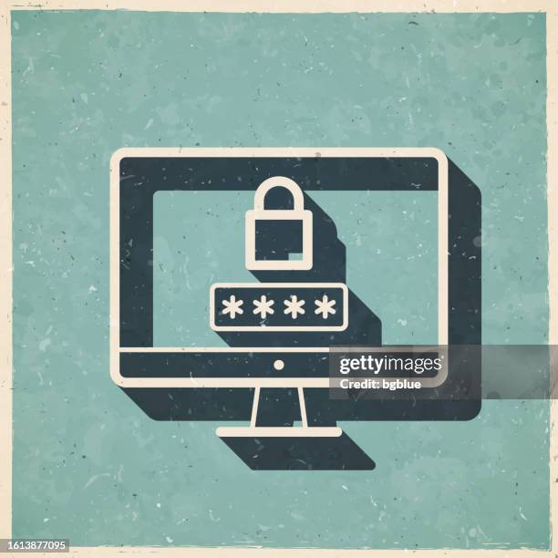 desktop computer with password. icon in retro vintage style - old textured paper - desktop screen background stock illustrations