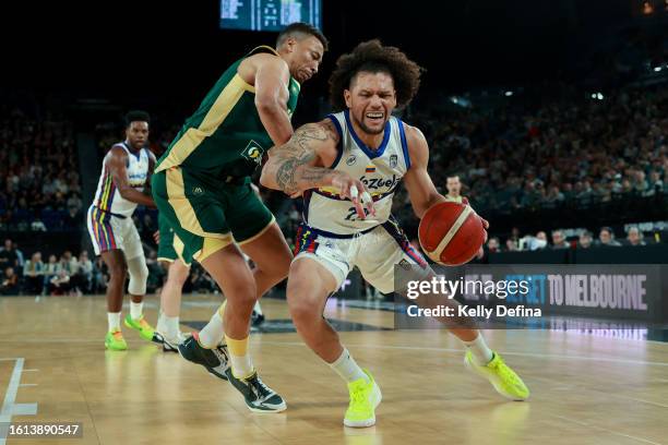 Michael Carrera of Venezuela dribbles the ball under pressure from Dante Exum of the Boomers during the match between Australia Boomers and Venezuela...