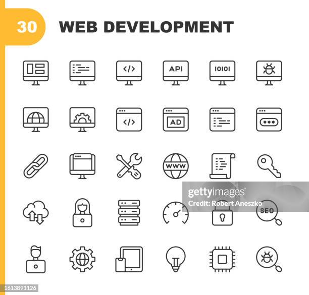 web development line icons. editable stroke. pixel perfect. for mobile and web. contains such icons as artificial intelligence, cloud computing, data science, database, design, engineer, programming, seo, software development, web design. - schedule test drive stock illustrations