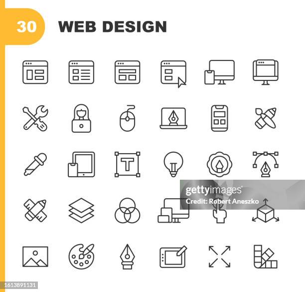 stockillustraties, clipart, cartoons en iconen met web design line icons. editable stroke, contains such icons as coding, freelance, graphical user interface, layout, marketing,  programming, responsive design, seo, social media, software, ui, user interface, ux, web browser, web development, website. - responsives webdesign