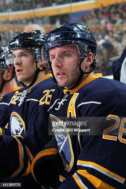 Thomas Vanek of the Buffalo Sabres watches the action against the Montreal Canadiens on February 7, 2013 at the First Niagara Center in Buffalo, New...