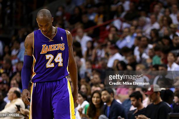 Kobe Bryant of the Los Angeles Lakers looks on during a game against the Miami Heat at American Airlines Arena on February 10, 2013 in Miami, Florida.