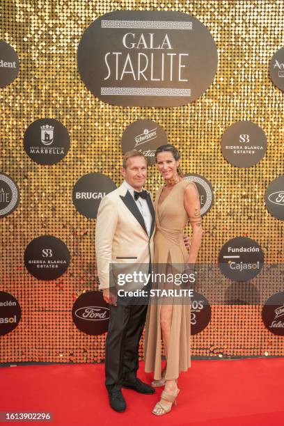 Juan Manuel Alcaraz and Alejandra Prat attend a photocall ahead of the Starlite Gala 2023 at Cantera de Nagüeles, Marbella on August 13, 2023 in...