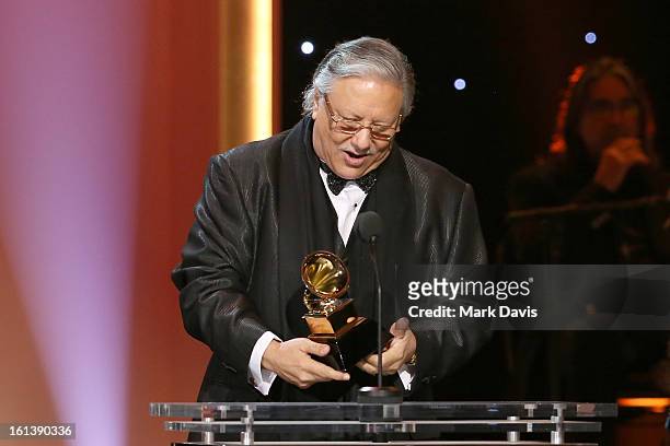 Musician Arturo Sandoval accepts an award onstage during the 55th Annual GRAMMY Awards Pre-Telecast at Nokia Theatre L.A. Live on February 10, 2013...