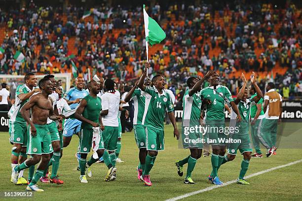 Players from Nigeria after winning the 2013 Africa Cup of Nations Final match between Nigeria and Burkina at FNB Stadium on February 10, 2013 in...