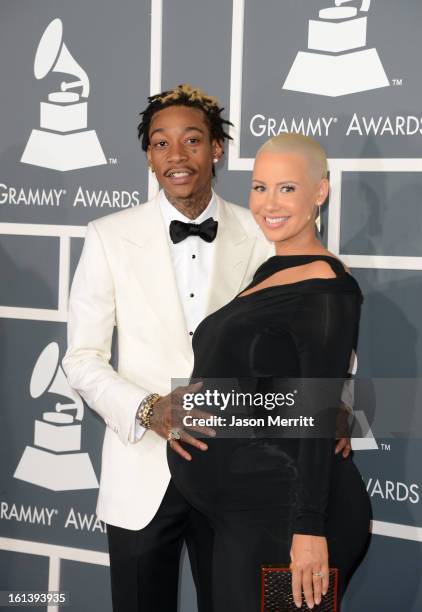 Rapper Wiz Khalifa and model Amber Rose arrive at the 55th Annual GRAMMY Awards at Staples Center on February 10, 2013 in Los Angeles, California.