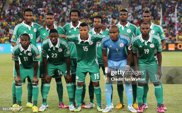 Nigeria team line up during the 2013 Africa Cup of Nations Final match between Nigeria and Burkina at FNB Stadium on February 10, 2013 in...