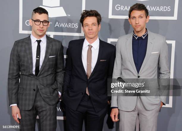 Musicians Jack Antonoff, Nate Ruess, and Andrew Dost of Fun. Attend the 55th Annual GRAMMY Awards at STAPLES Center on February 10, 2013 in Los...