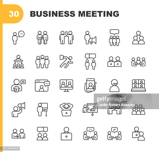 stockillustraties, clipart, cartoons en iconen met business meeting line icons. editable stroke. pixel perfect. for mobile and web. contains such icons as business man, business woman, leadership, office, communication, cooperation, networking, business meeting, presentation, chat. - alleen volwassenen